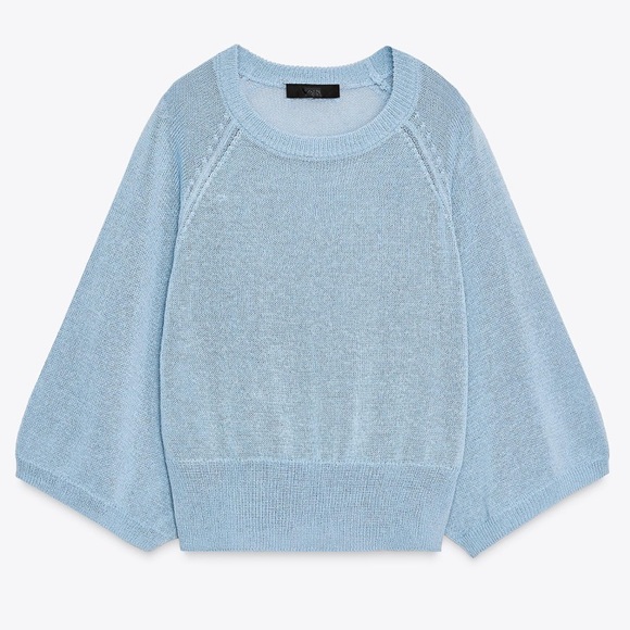 Zara NWT light blue wide 3/4 sleeve knit pull over sweater - Picture 4 of 8